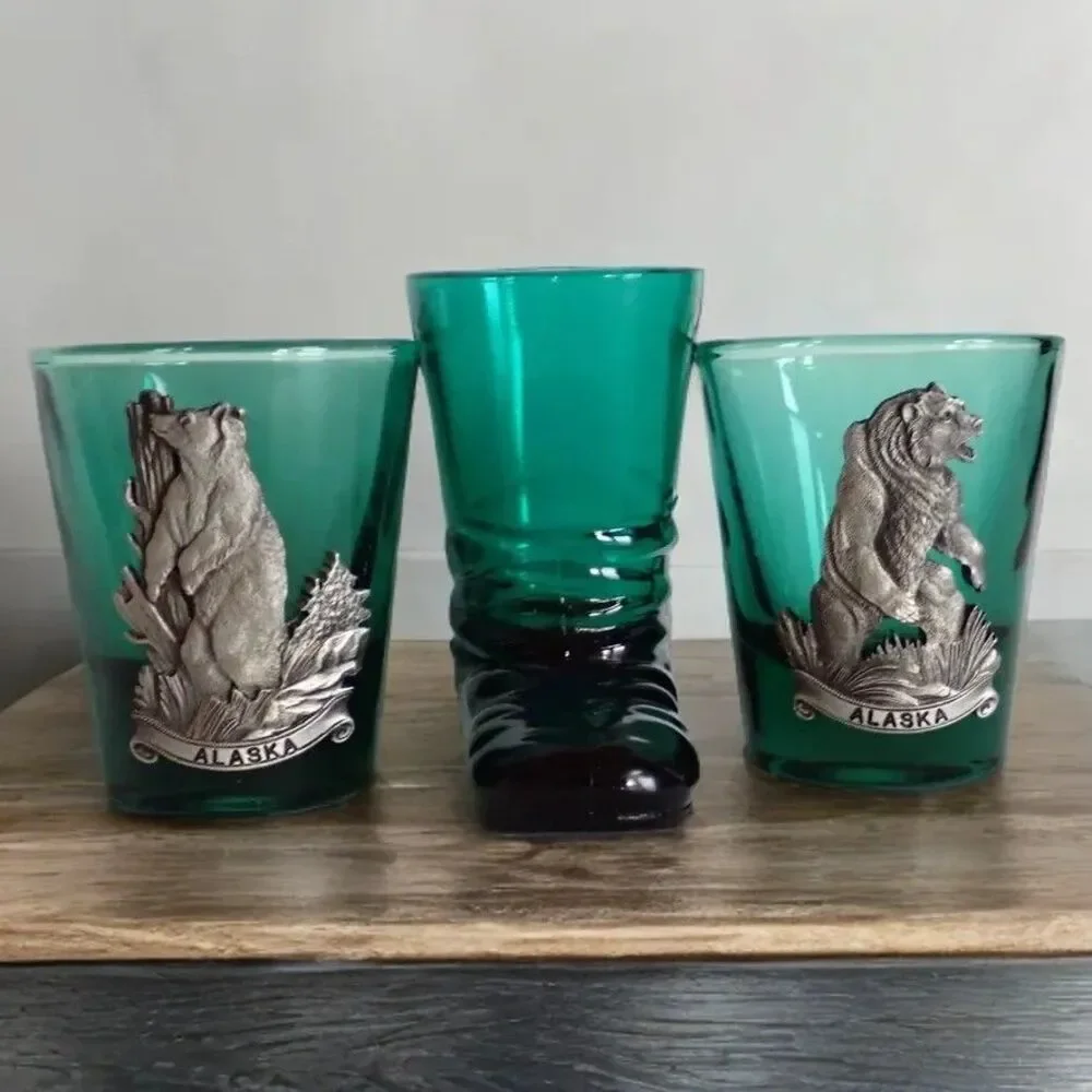 Green Alaska Fine Pewter Bear Shot Glass Set with Matching Boot Toothpick Holder